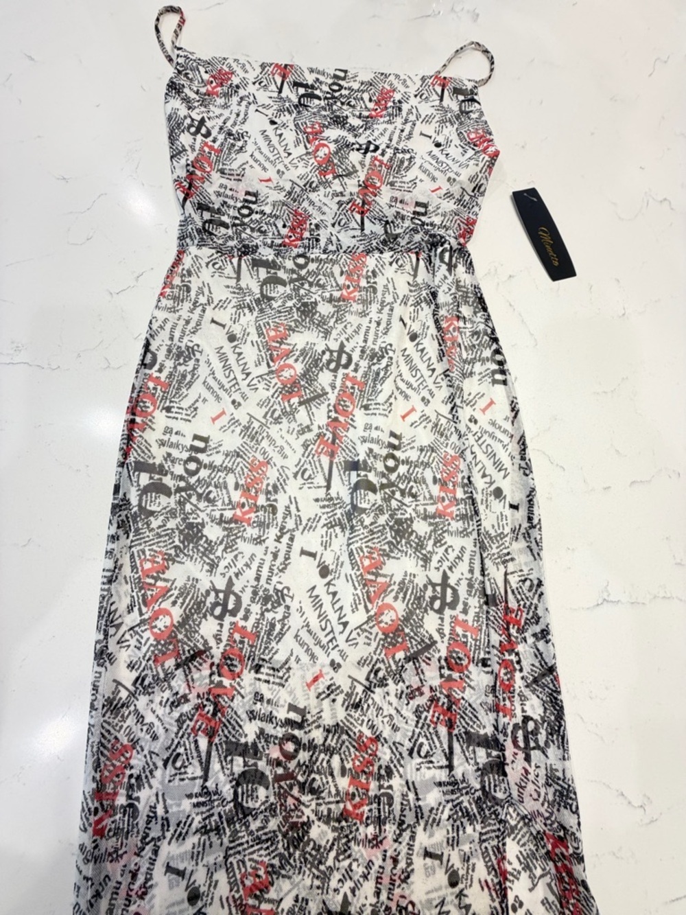 Spaghetti-Strap Printed Maxi Dress in White with Black & Red Accents